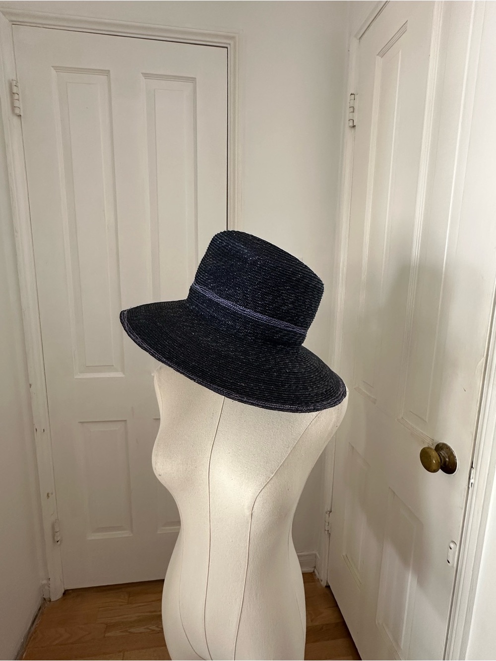 Lola Hats Blue Black Woven Straw Wide Brim Sun Hat